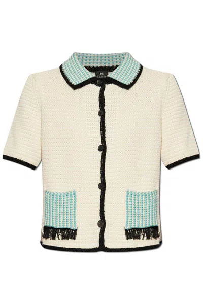 Ps By Paul Smith Women's Ivory Cotton Mixed Crochet Knitted Cardigan White In Beige
