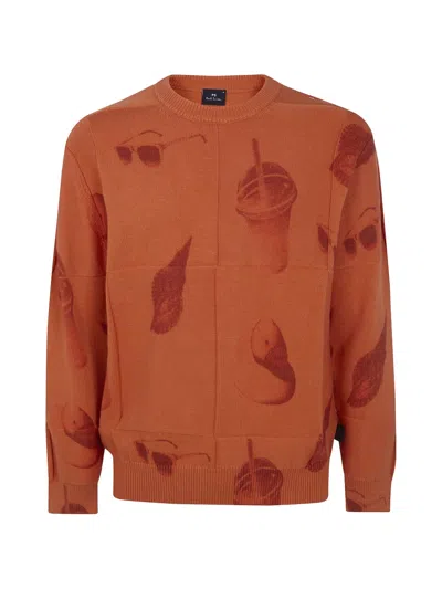 Ps By Paul Smith Printed Crew-neck Sweater In Orange