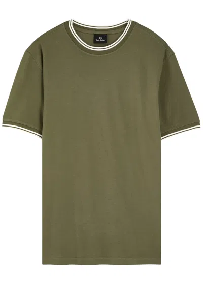 Ps By Paul Smith Ps Paul Smith Stripe-trimmed Piqué Cotton T-shirt In Green