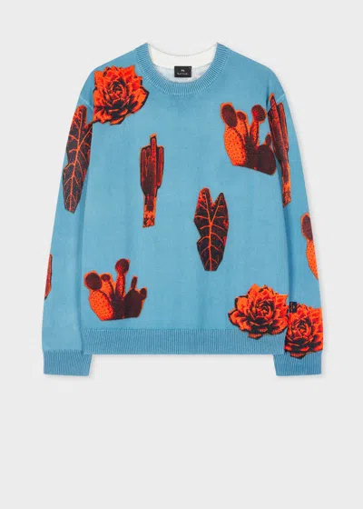 Ps By Paul Smith Sky Blue 'photographic Cactus' Print Cotton Sweater