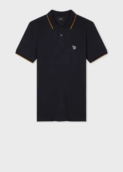 Ps By Paul Smith Slim-fit Dark Navy Zebra Logo Polo Shirt With Mustard Tipping Blue