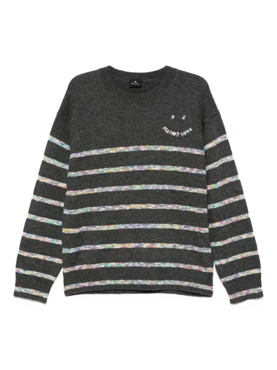 Ps By Paul Smith Striped Smiley-face Sweater In Gray