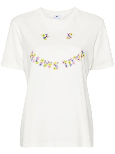 Ps By Paul Smith Floral Happy-print Cotton T-shirt In White
