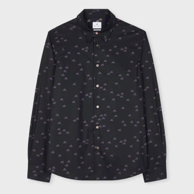 Ps By Paul Smith Tailored-fit Black 'cyclist' Print Shirt