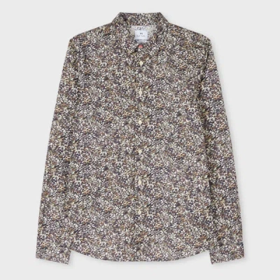 Ps By Paul Smith Tailored-fit Khaki 'textured Floral' Print Shirt Brown