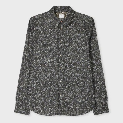 Ps By Paul Smith Tailored-fit Navy 'textured Floral' Print Shirt Blue