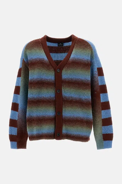 Ps By Paul Smith Blue Wool-blend Horizontal Striped Knit Cardigan In Gray