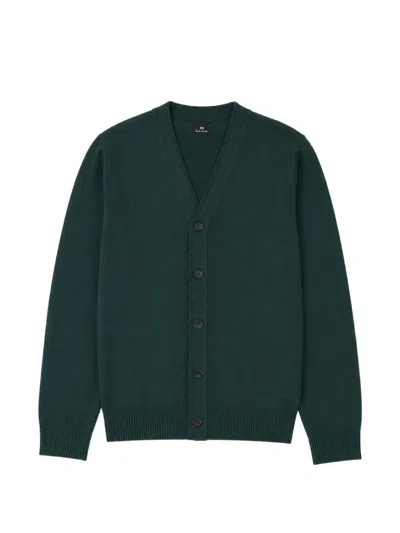 Ps By Paul Smith Deep V-neck Cardigan In Premium Merino Wool In Green
