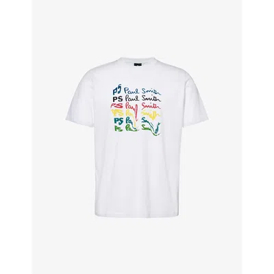 Ps By Paul Smith Mens White Wavy Logo-print Organic-cotton T-shirt