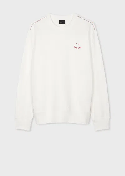 Ps By Paul Smith White Cotton-blend 'happy' Blanket-stitch Sweatshirt