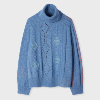 Ps By Paul Smith Women's Blue Cable Knit Patchwork Roll Neck Sweater