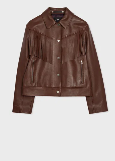 Ps By Paul Smith Women's Chocolate Brown Leather Fringe Jacket