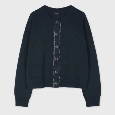 Ps By Paul Smith Women's Contrast-stitched Placket Knitted Cardigan Blue