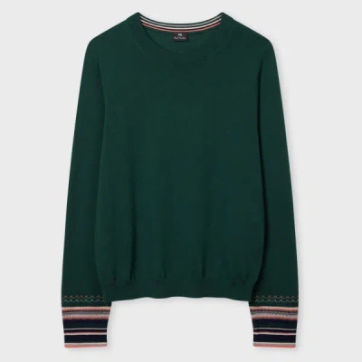 Ps By Paul Smith Women's Dark Green Merino Wool Stripe Cuff Sweater