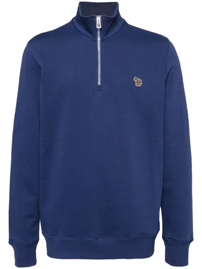 Ps By Paul Smith Zebra Logo Zip-neck Sweatshirt In Blue