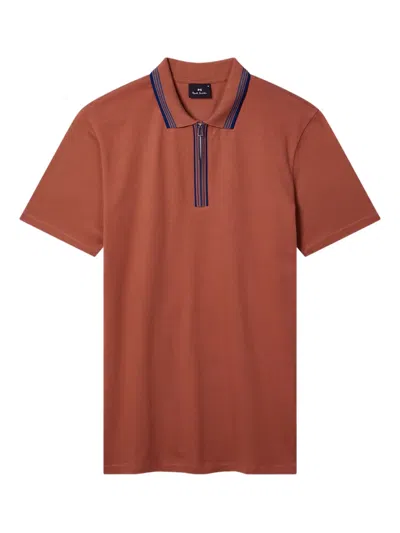 Ps By Paul Smith Zip-neck Striped-collar Polo Shirt In Brown