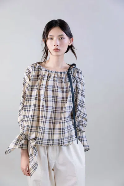 Psophia Bardot Plaid Blouse With Drawstring Neckline In Beige And Black In Blue