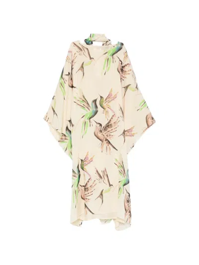 Psophia Bird-print Long-sleeve Midi Dress In Neutral