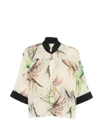 Psophia Bird-print Wide-sleeve Shirt In Neutral