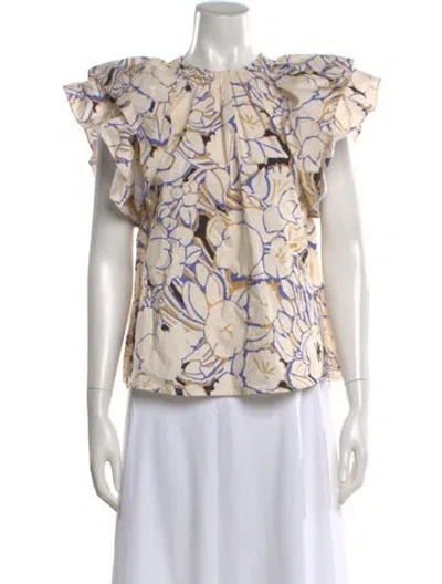 Pre-owned Psophia Floral Print Crew Neck Blouse In Blue