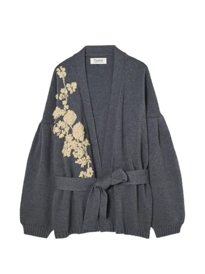 Psophia Floral-embroidered Belted Cardigan In Gray
