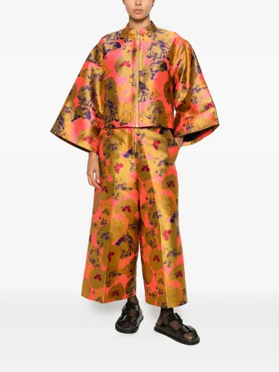 Psophia Floral-jacquard Wide-sleeve Jacket In Orange