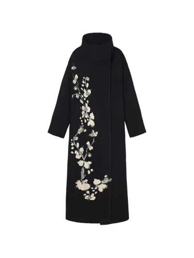 Psophia Floral-print Funnel-neck Coat In Black