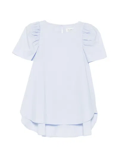Psophia Gathered-shoulder Curved-hem Blouse In Blue
