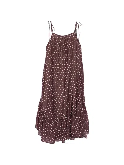 Psophia Polka-dot Ruffled Midi Dress In Brown