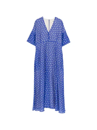 Psophia Polka-dot V-neck Midi Dress In Blue