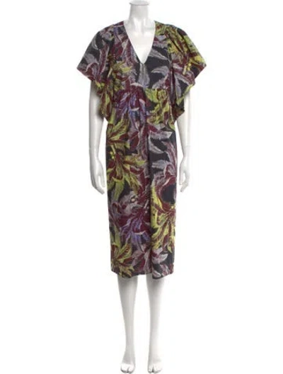 Pre-owned Psophia Printed Long Dress In Burgundy