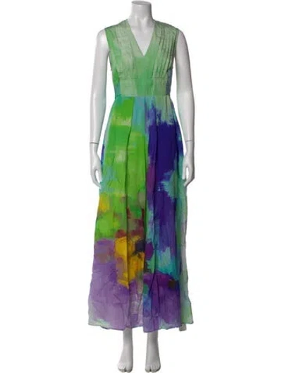 Pre-owned Psophia Printed Long Dress In Green