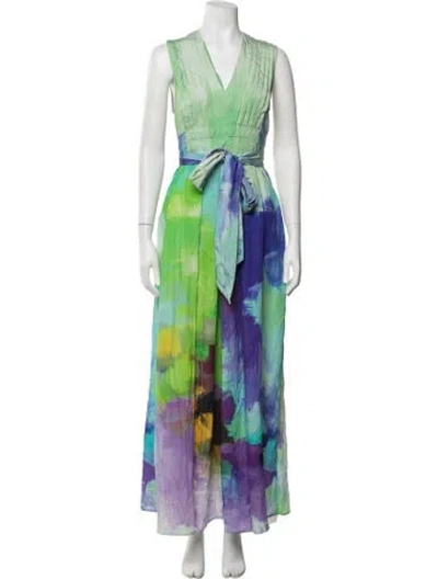 Pre-owned Psophia Printed Long Dress In Green