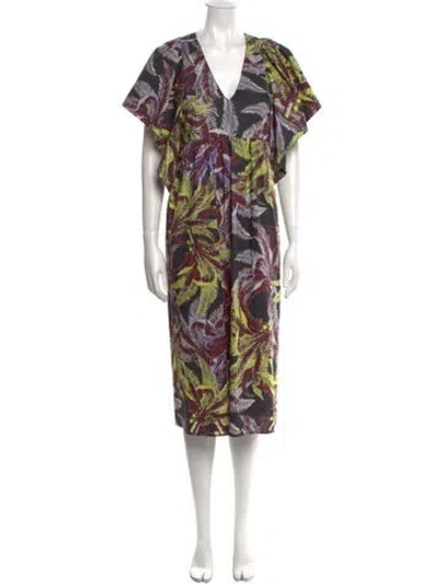 Pre-owned Psophia Printed Midi Length Dress In Burgundy