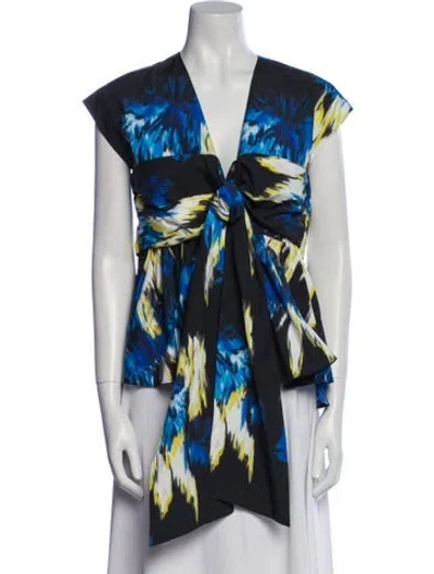 Pre-owned Psophia Printed V-neck Blouse In Blue