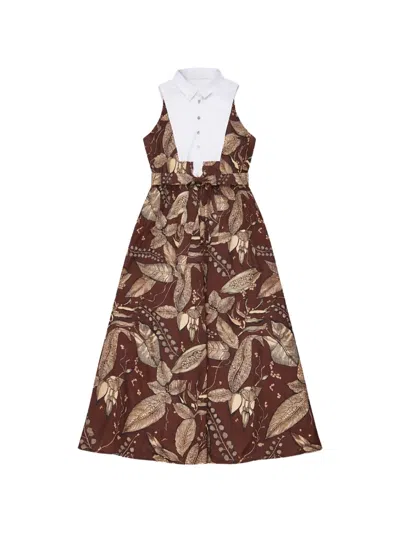 Psophia Retro Bloomleaf Print Tie Midi Dress In Brown
