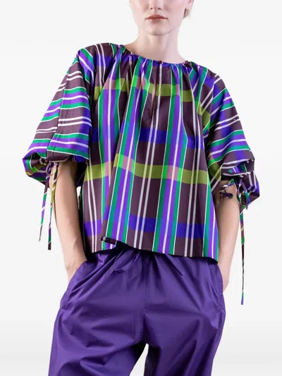 Psophia Ruched-neck Puff-sleeves Cottonblouse In Blue
