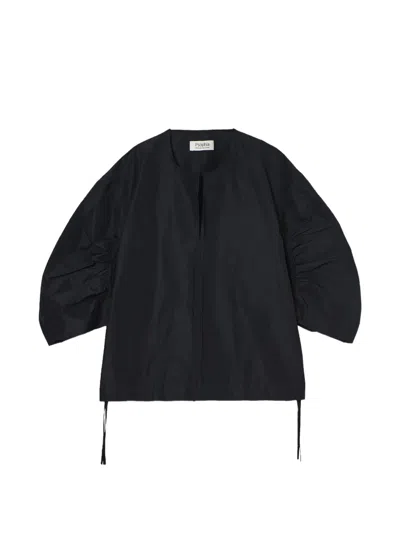 Psophia Ruched-sleeve Drawstring Blouse In Black