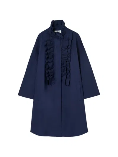 Psophia Ruffled Cotton Trench Coat In Blue