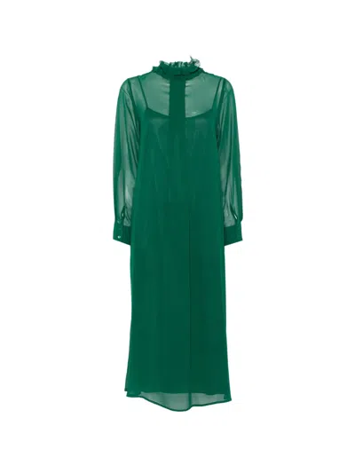 Psophia Ruffled-trim Long-sleeve Midi Dress In Green