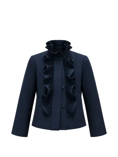 Psophia Ruffled-trim Pleated Jacket In Blue