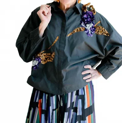 Psophia Sequin Detail Button Down Shirt In Caviar In Blue