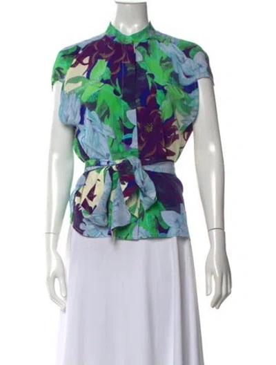 Pre-owned Psophia Silk Floral Print Blouse In Blue/green