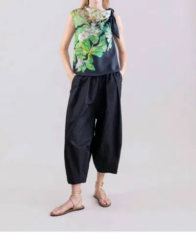 Psophia Silk Habotai Print Top In Black & Lime In Green