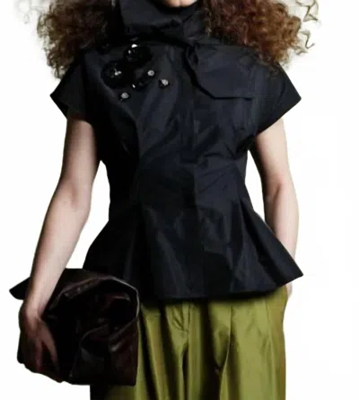 Psophia Taffeta Flower Sequin Top With Tie In Black