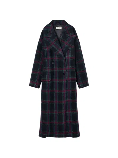 Psophia Tartan-print Double-breasted Coat In Blue