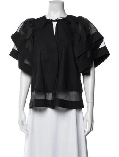 Pre-owned Psophia Tie Neck Short Sleeve Top In Black