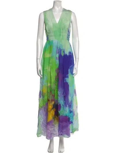 Pre-owned Psophia Tie-dye Print Long Dress In Green
