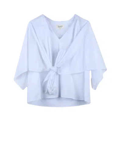 Psophia White Cropped V-neck Tie Short-sleeve Top In Blue