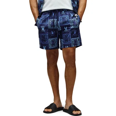 Psycho Bunny Gio Print Swim Trunks In Blue
